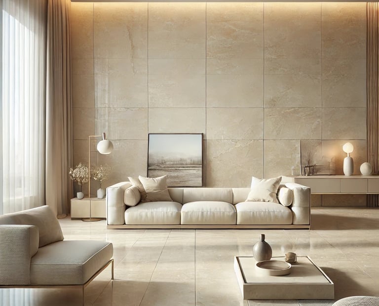 Travertine tiles on living room wall light ivory Bianco shade Italian natural stone