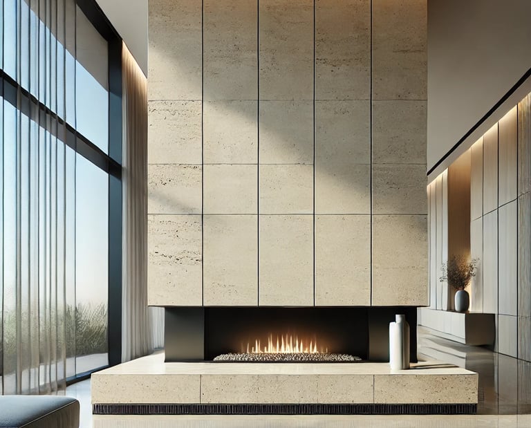 Travertine tiles for fireplace light Bianco, luxury Italian stone