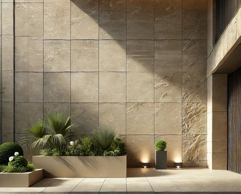 Trawertyn na ścianie jasny beżowy włoski kamień naturalny