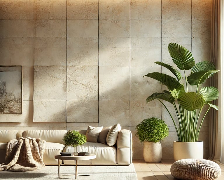 Travertine tiles on living room wall light cream natural stone