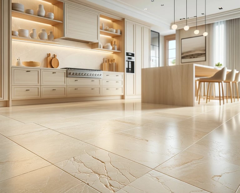 Travertine in the kitchen very light Bianco, ivory natural stone