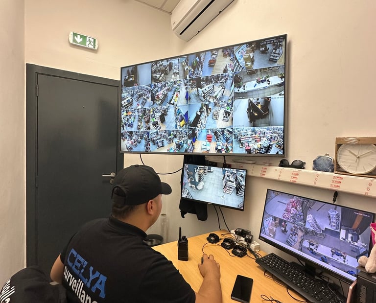 Agent de sécurité surveillant les écrans de télésurveillance à Casablanca