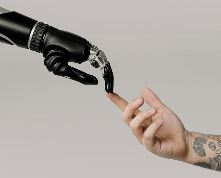 Human hand connecting with robotic hand representing collaboration between AI technology and thedigiwold.in 
