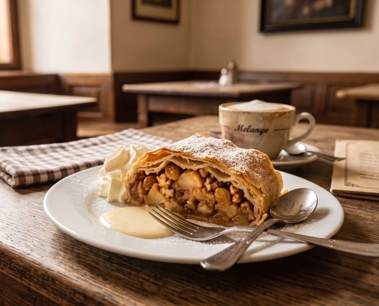Un trozo de strudel de manzana tradicional (Apfelstrudel) servido en un plato blanco con crema 