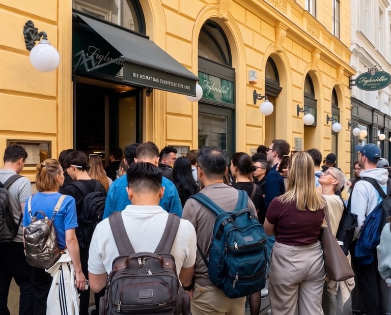 Una larga fila de turistas esperando en el restaurante Figlmüller en Viena para probar el Schnitzel