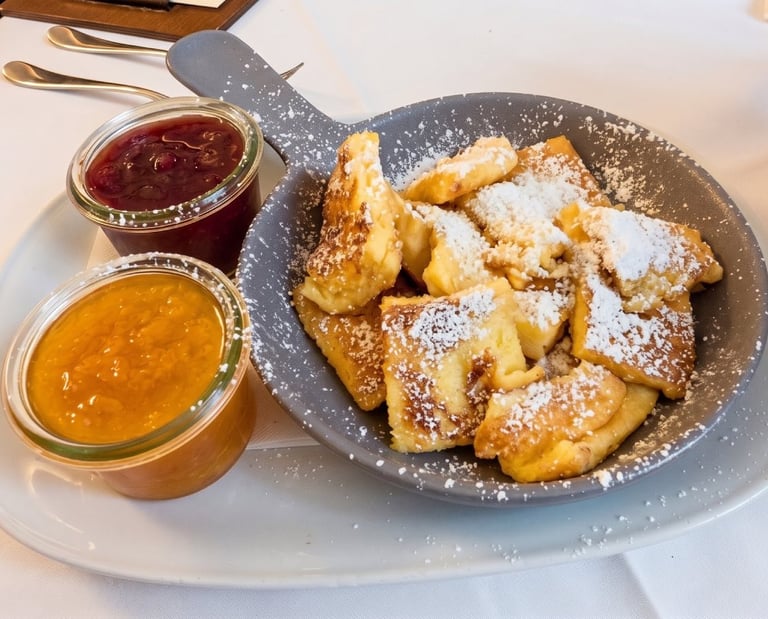 Una ración de Kaiserschmarrn caliente espolvoreado con azúcar glas en una sartén pequeña
