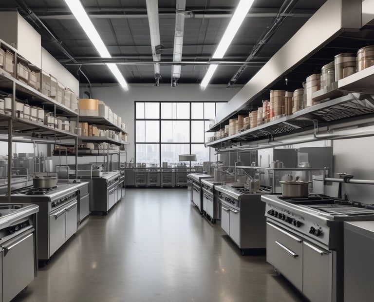 a kitchen with a large open kitchen with a lot of counter space