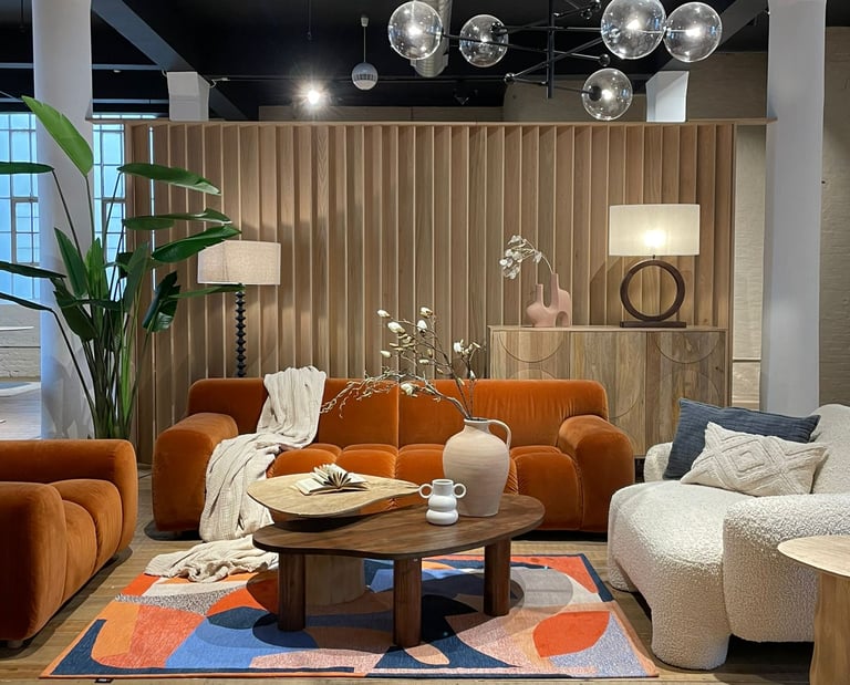 a living room with a sofa a armchair and a table and a console and accessories