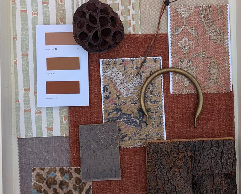 moodboard with textures and fabric and paint colours