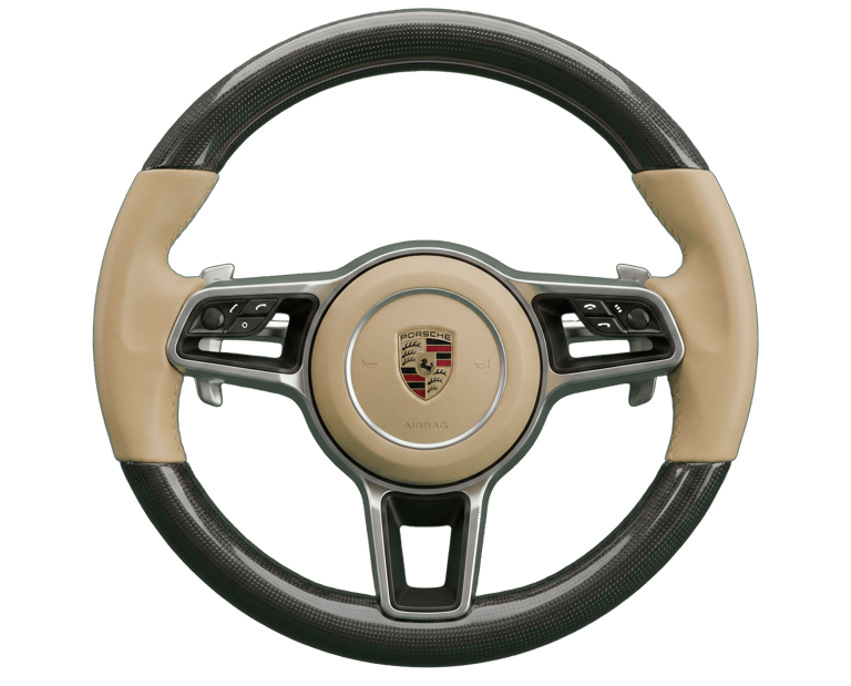 Custom Porsche steering wheel featuring carbon fiber trim and tan leather grips on a black background.