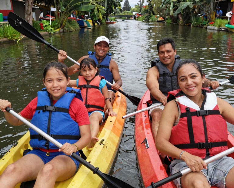 A happy family wearing life jackets paddling colorful kayaks on a scenic river canal of Xochimilco.