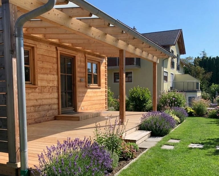 Überdachte Holzterrasse an einer Holzfassade im Garten von Holztechnik Volk am Ammersee