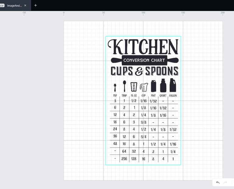 Laser cutter software interface showing a kitchen conversion chart design for wood engraving.