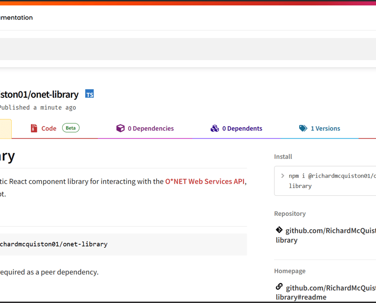 Screenshot of the npm registry page for the onet-library React component library written in TypeScript.