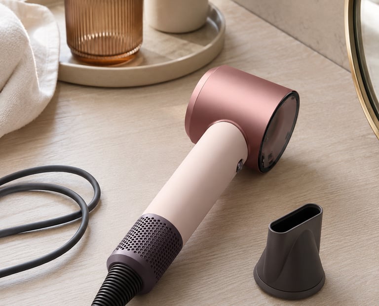 Professional pink and rose gold ionic hair dryer with styling nozzle on a bathroom vanity.
