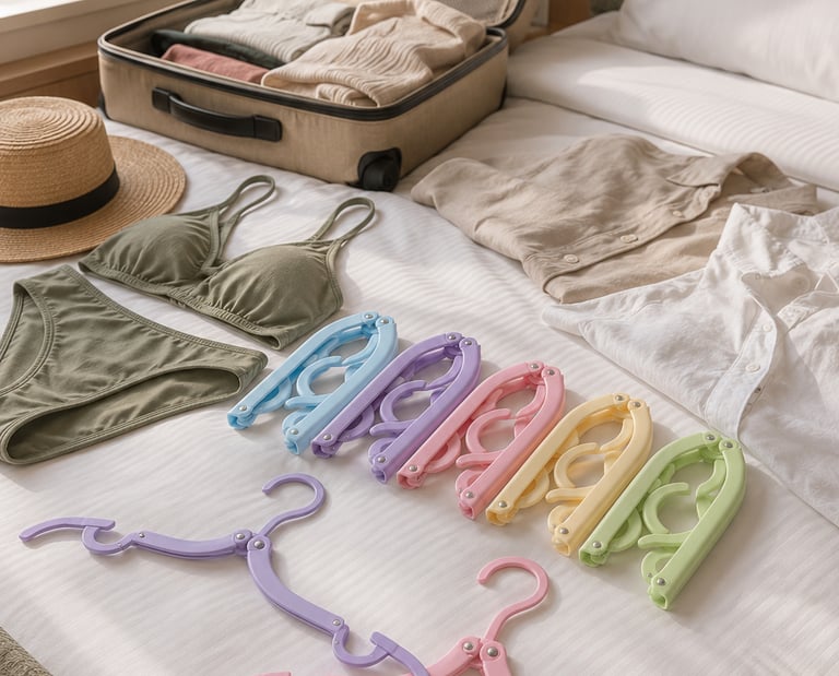 Colorful folding travel hangers and swimwear laid out on a hotel bed next to an open suitcase.