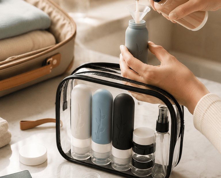 Person filling silicone travel bottles with lotion for a clear TSA approved toiletry bag.