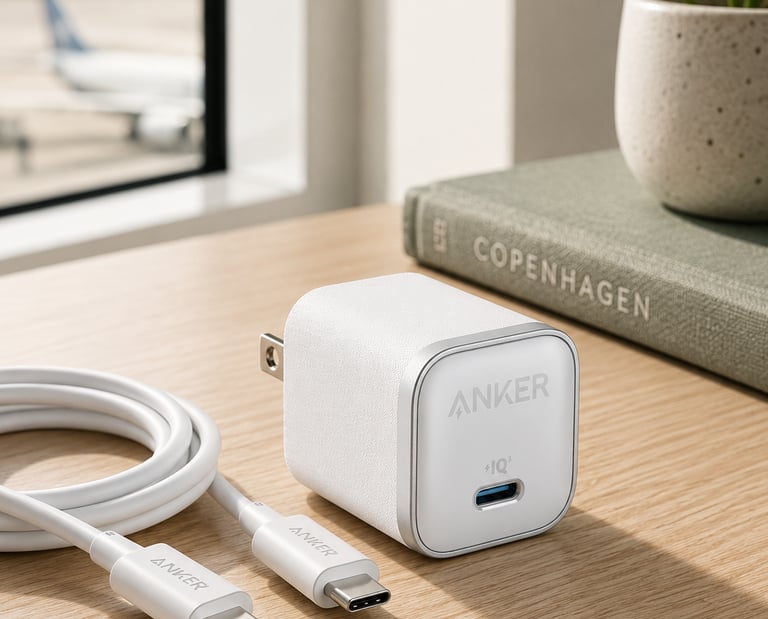 Anker USB-C fast charger wall plug and white charging cable on a wooden desk near an airport window.