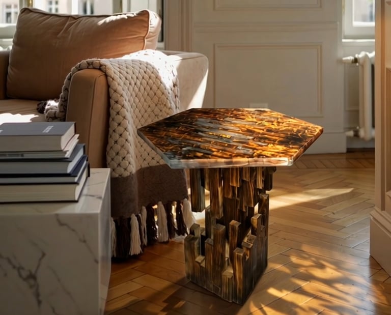 Mesa lateral de madera con resina