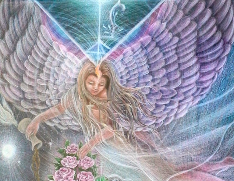 Celestial figure pouring light over blooming roses, symbolising growth and renewal 