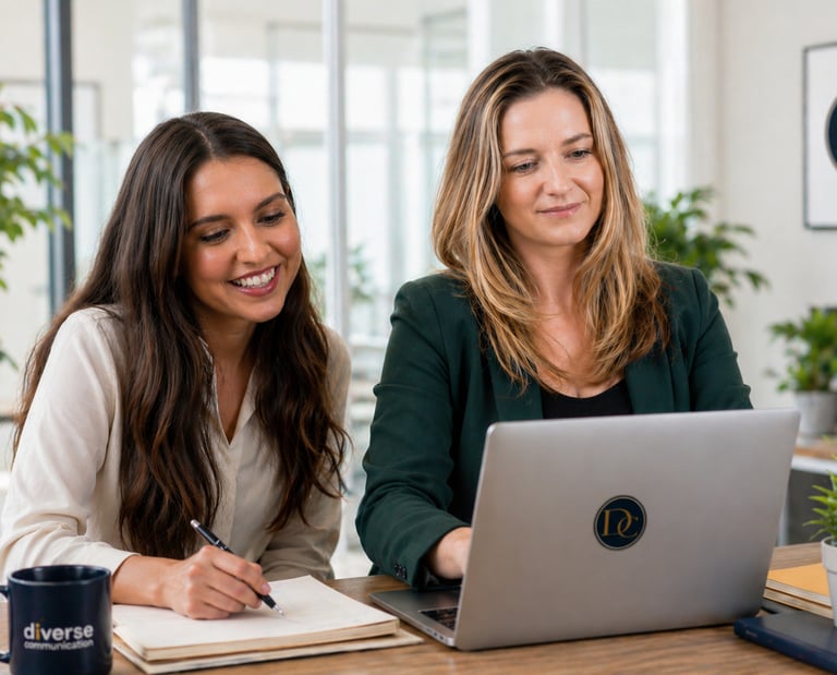 Professionals in a Brighton & Hove office, reviewing digital marketing and communication strategies together on a laptop.