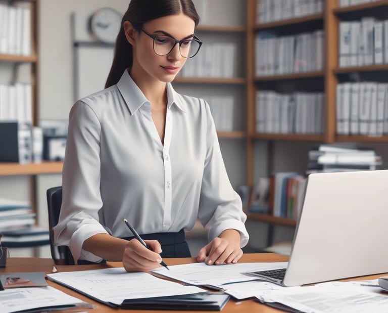 Woman works at her desk in an office.