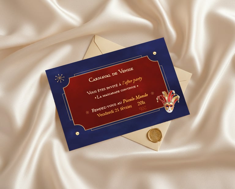 Invitation bleu avec un cadre rouge et un masque du Joker - Carnaval de Venise