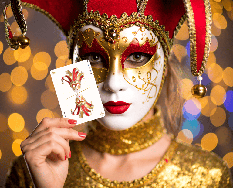 Femme avec masque Joker tenant une carte