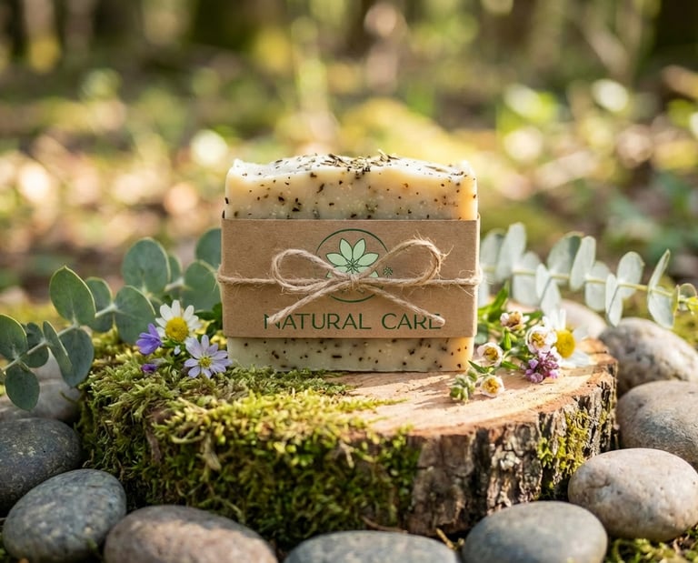 Savon naturel avoine, pavot et beurre de karité emballé dans du carton avec le logotype Natural Care