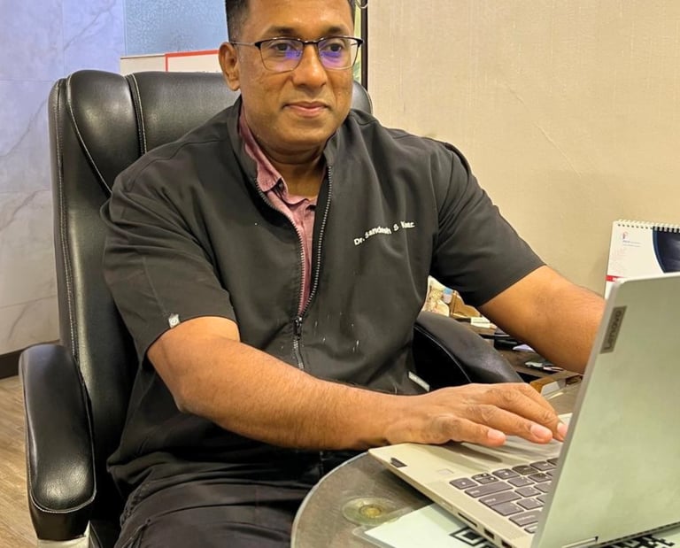 Male healthcare professional in black scrubs working on a laptop at his office desk.