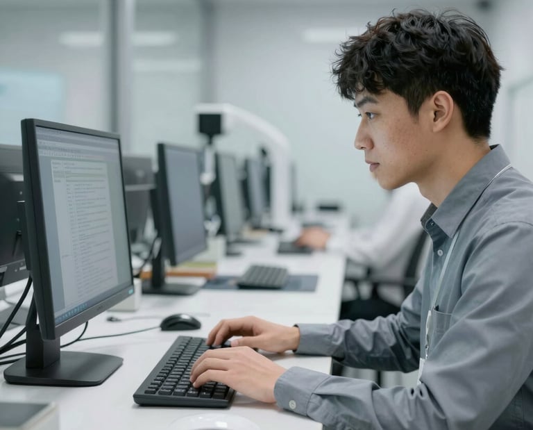 A group of diverse professionals engaged in a hands-on training session with technical equipment.
