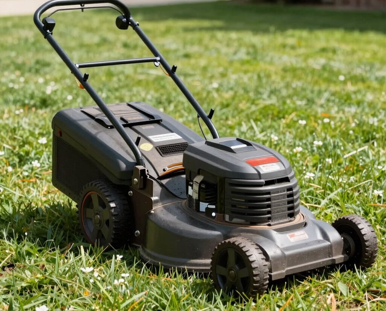 A freshly mowed green lawn with neat edges under a bright sunny sky.