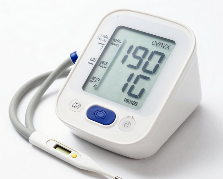 A close-up of various health tracking devices neatly arranged on a wooden table.
