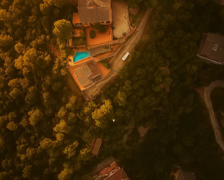 Aerial view of the luxury state of the countryhouse and the state in Barcelona