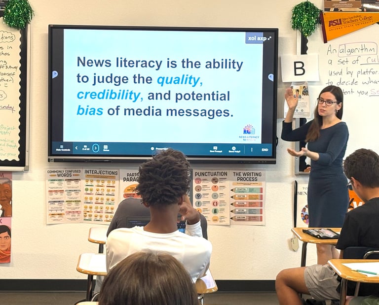Michelle Beaver teaches a News Literacy for Arizona workshop at Sunnyslope High School, in Phoenix.