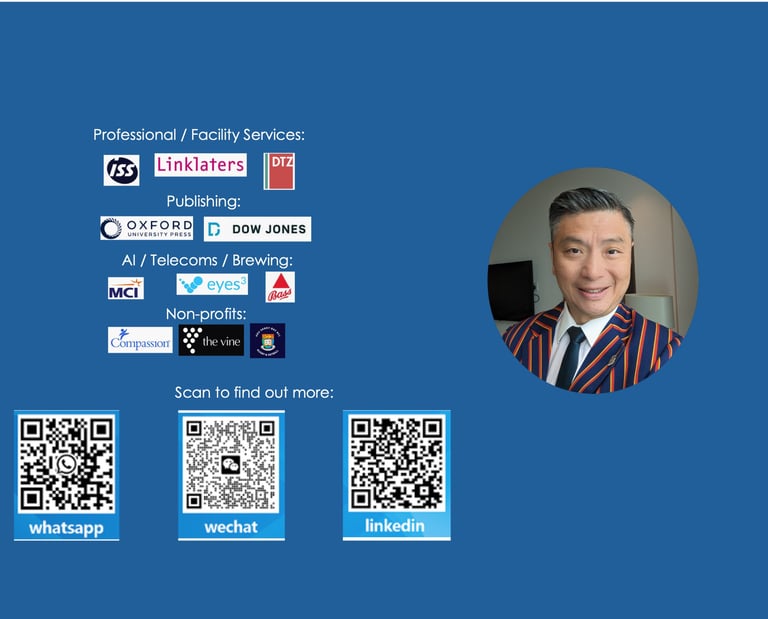 Hudson alongside his client and company logos, with QR codes for LinkedIn, WeChat and WhatsApp