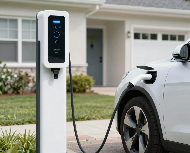 A modern home garage with an electric vehicle charging station glowing softly in the evening light.