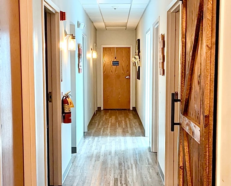 hallway corridor with multiple wooden barn doors