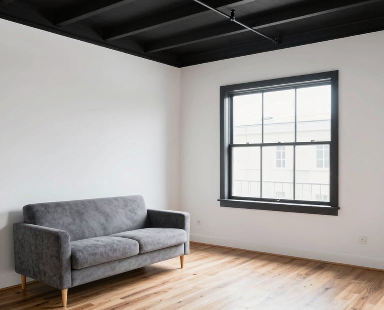 A freshly painted living room wall in navy blue with clean edges and a modern look.