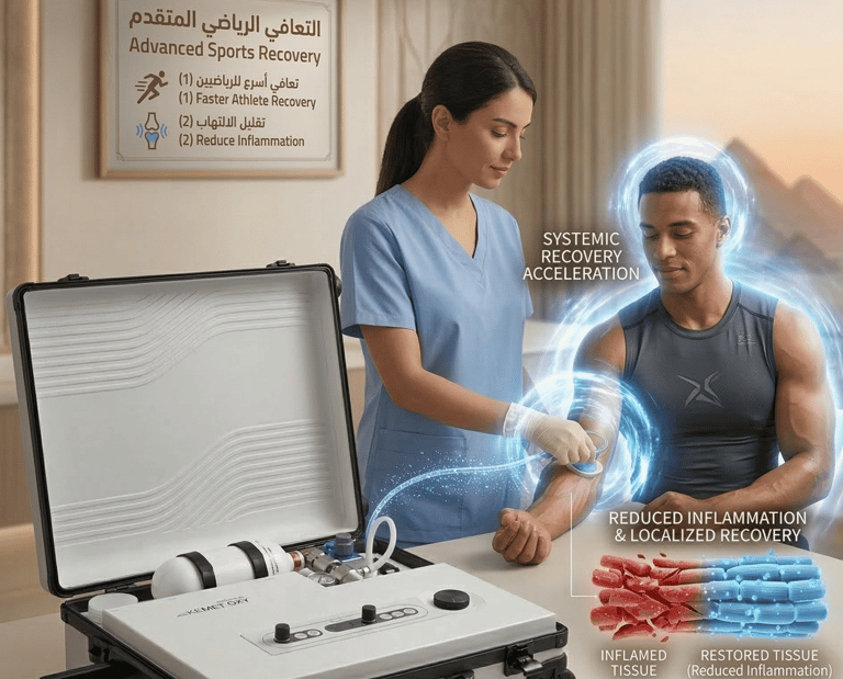 A nurse using a portable advanced sports recovery device on an athlete to reduce inflammation and accelerate muscle