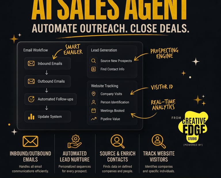 Infographic showing AI sales agent features like automated email outreach, lead generation, and website visitor tracking.