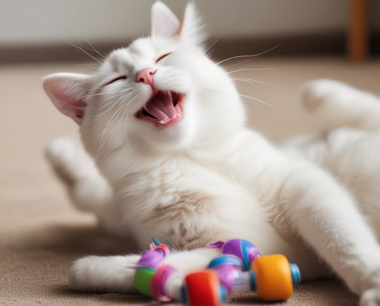 A fluffy cat batting at a feathered toy with bright eyes.