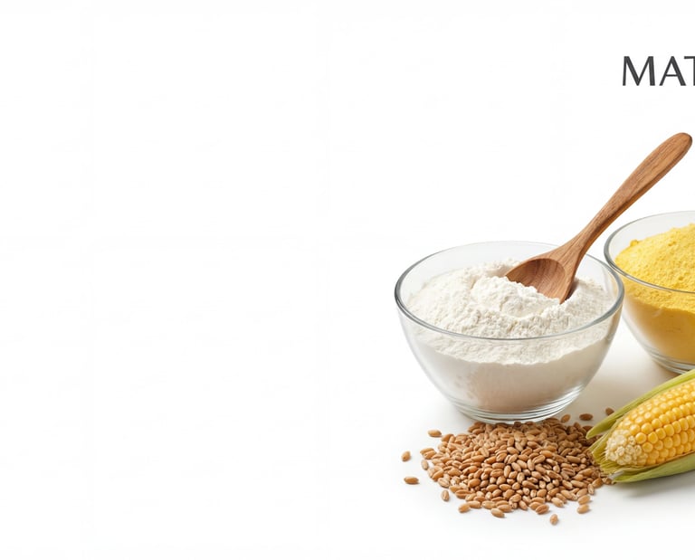 A bowl of wheat flour and cornmeal with organic corn and grains on a white background.