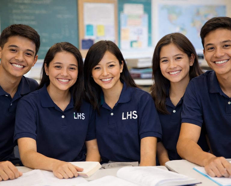 Smiling LHS students in blue uniform studying together in a classroom.