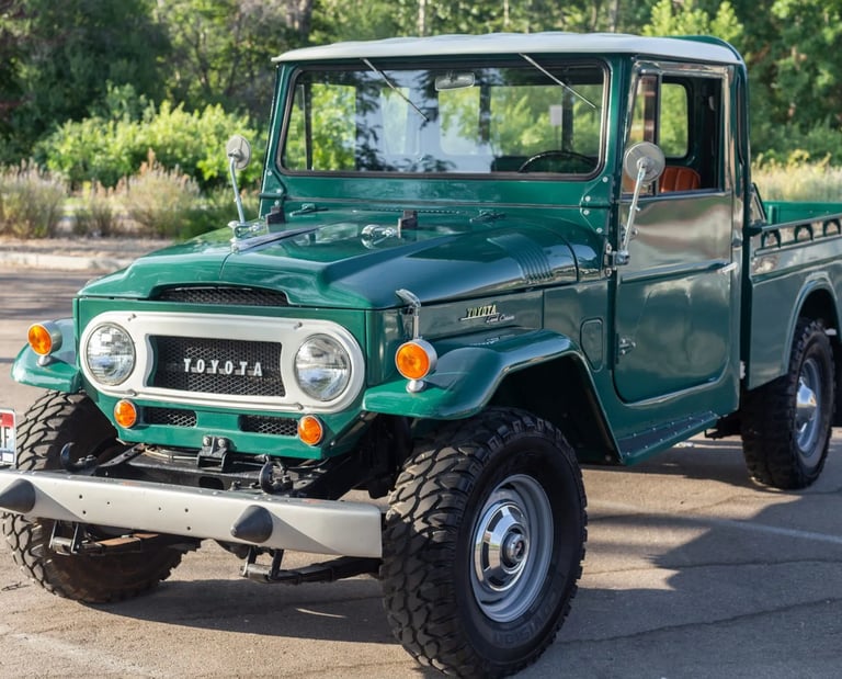 Three quarter front view shot of a green 1967 Toyota Land Cruiser.