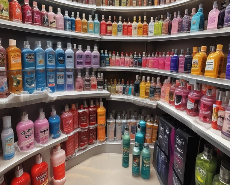 Close-up of elegant bottles of lubricants and intimate gels with soft lighting highlighting their sleek design.