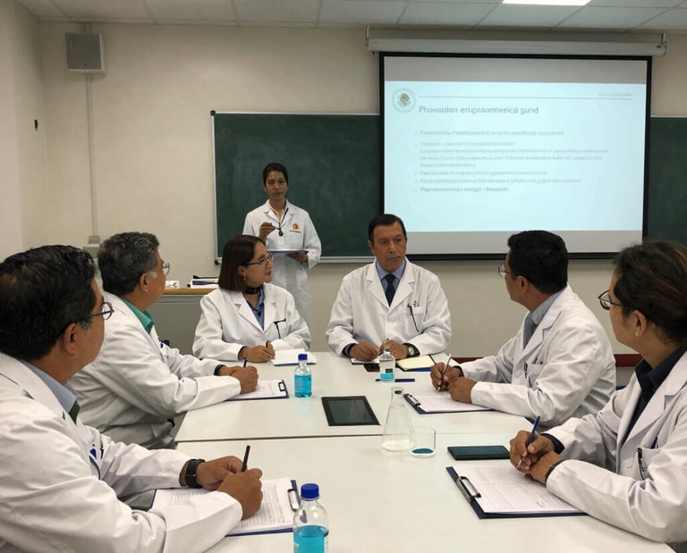 A professional classroom setting with attentive students taking notes during a pharmaceutical production course.