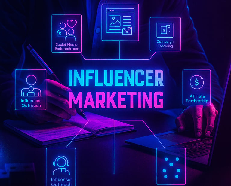 Neon influencer marketing graphic representing PC hardware and gaming creator campaigns