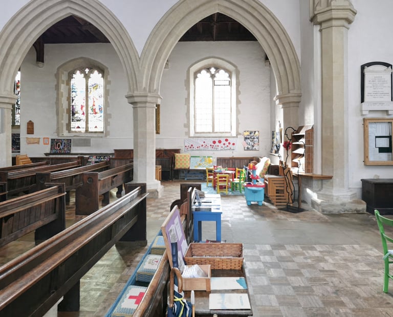Building Blocks toddler group at All Saints Church Great Chesterford with toy areas set up inside the church.