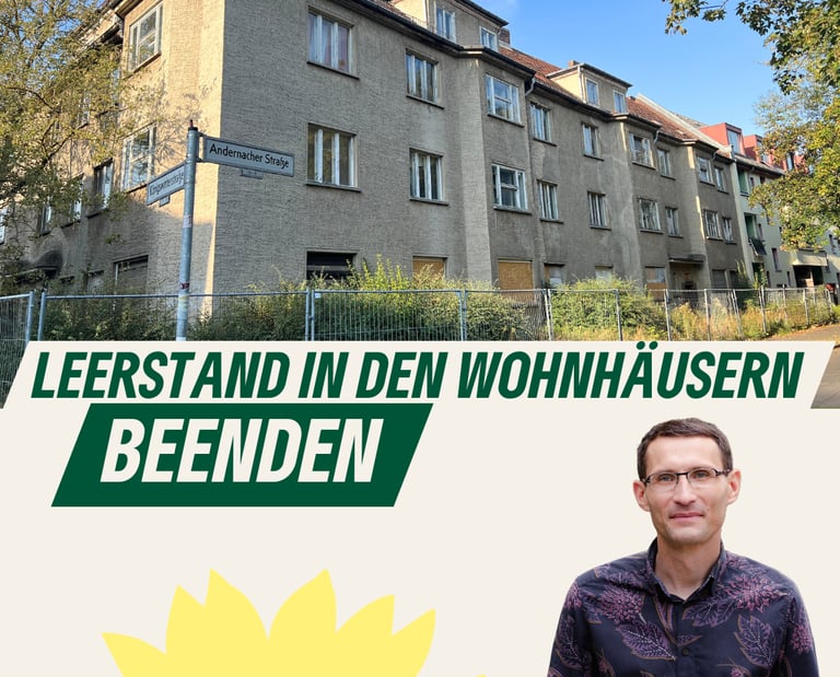 Sharepic zum Antrag mit einem Foto von Robert Pohle und leerstehenden Wohnhäusern.